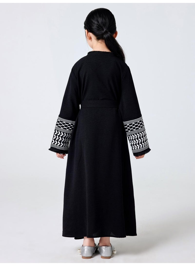 Middle Eastern girls abaya robe embroidered tassel jacket with belt - Image 3